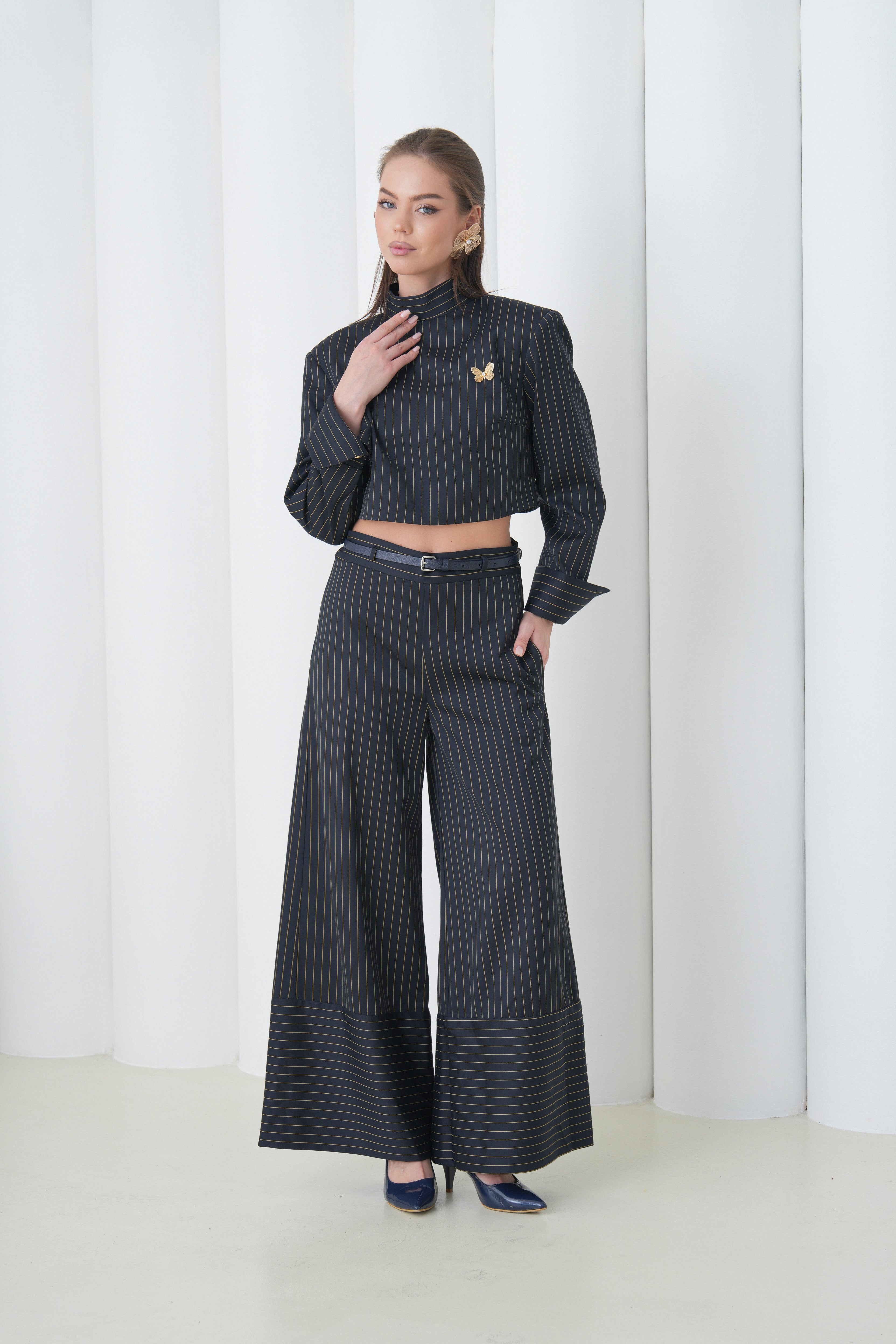 Pinstripe Architect Set by Lumina Eligma – luxury merino wool pinstripe suit with architectural tailoring