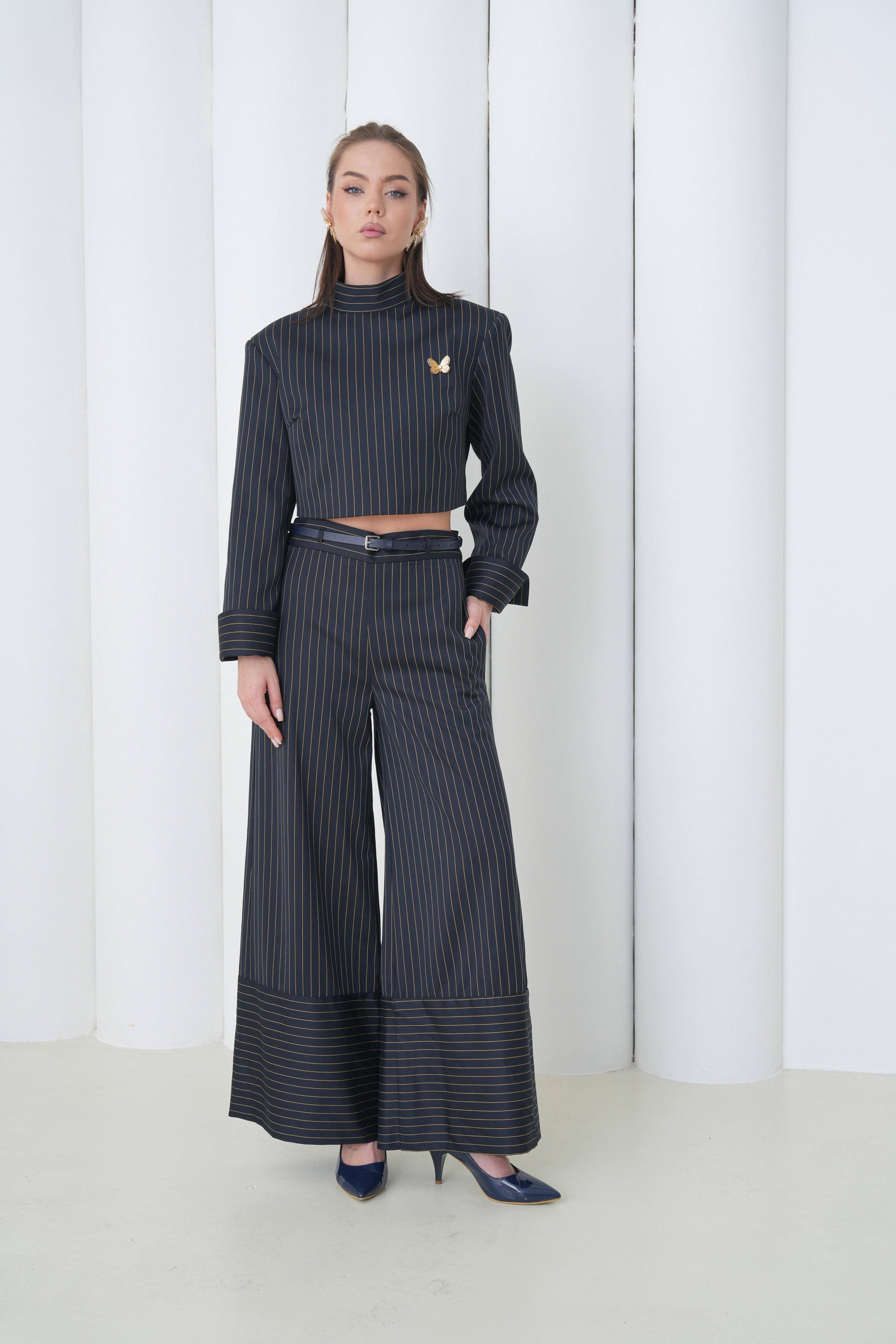 Pinstripe Architect Set by Lumina Eligma – luxury merino wool pinstripe suit with architectural tailoring