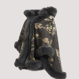 Merino Felt Fox Fur Hooded Poncho - Almond Blossoms Black