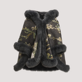 Merino Felt Fox Fur Hooded Poncho - Almond Blossoms Black