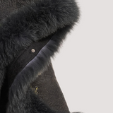 Merino Felt Fox Fur Hooded Poncho - Almond Blossoms Black