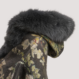 Merino Felt Fox Fur Hooded Poncho - Almond Blossoms Black