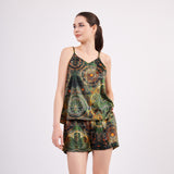 Pure Silk Pyjama Set Tank and Shorts - Mandala Pattern Forest Green