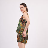 Pure Silk Pyjama Set Tank and Shorts - Mandala Pattern Forest Green