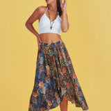 Split Double Layer Freesize Skirt - Indigo Green Pattern