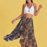 Split Double Layer Freesize Skirt - Indigo Green Pattern
