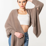 Fuzzy Poncho Shawl with Sleeves - Camel