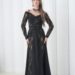 Shadow Lace Symphony Dress by Lumina Eligma – luxury French lace off-shoulder evening gown with sculpted silhouette