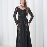Shadow Lace Symphony Dress by Lumina Eligma – luxury French lace off-shoulder evening gown with sculpted silhouette