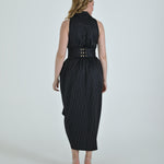 Tuxedo Dress by Lumina Eligma – luxury sleeveless tuxedo dress with draped skirt and sculpted waist
