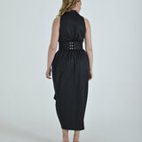 Tuxedo Dress by Lumina Eligma – luxury sleeveless tuxedo dress with draped skirt and sculpted waist