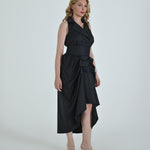 Tuxedo Dress by Lumina Eligma – luxury sleeveless tuxedo dress with draped skirt and sculpted waist