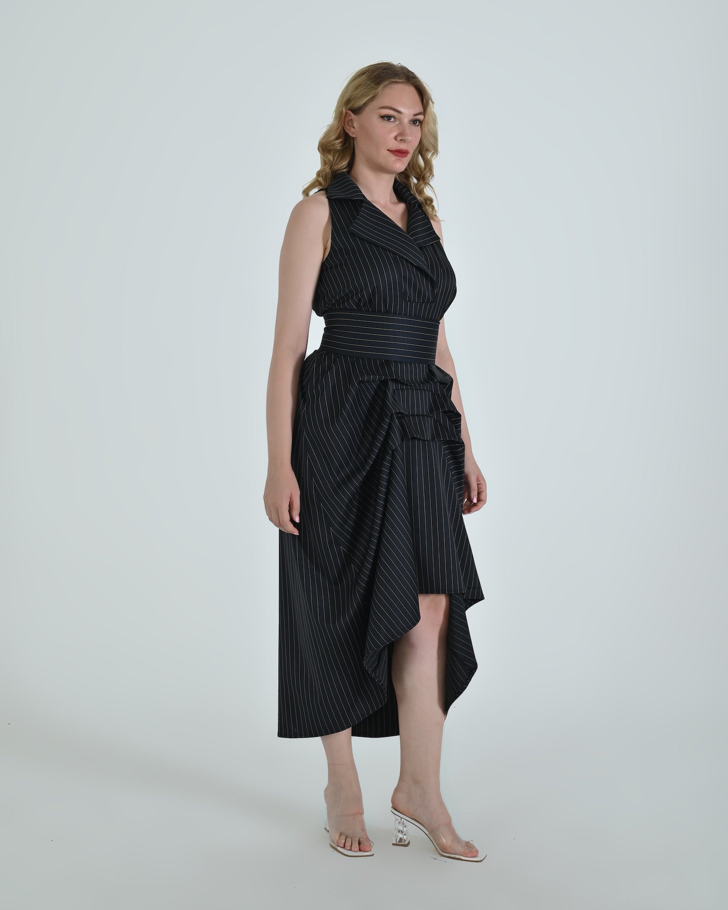 Tuxedo Dress by Lumina Eligma – luxury sleeveless tuxedo dress with draped skirt and sculpted waist