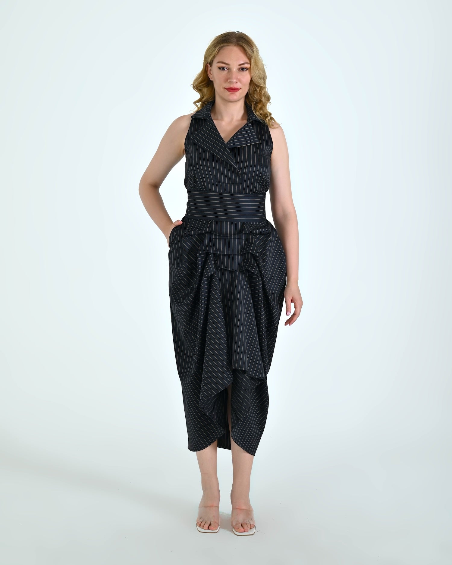 Tuxedo Dress by Lumina Eligma – luxury sleeveless tuxedo dress with draped skirt and sculpted waist