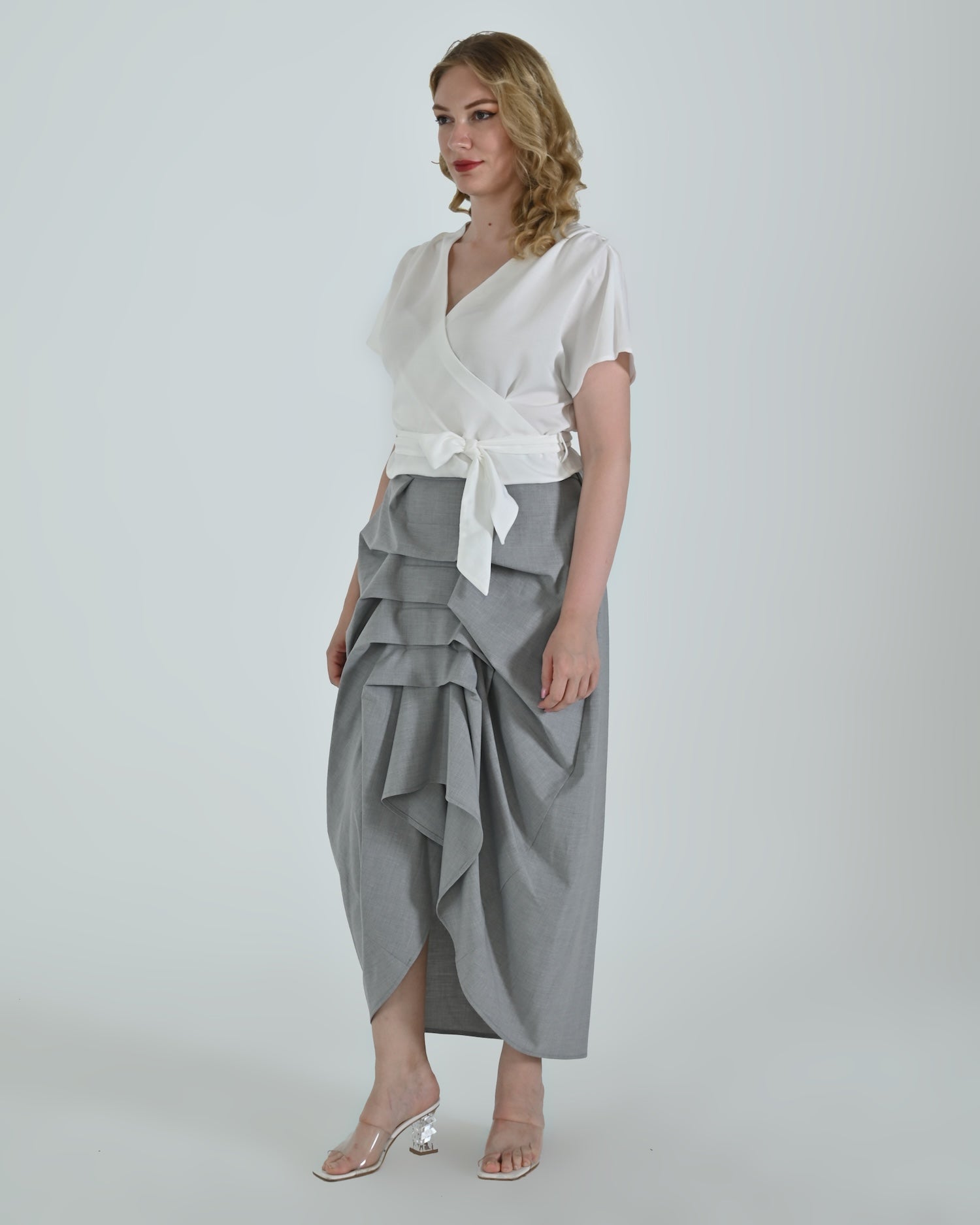 Vanguard Skirt by Lumina Eligma – luxury sculptural gray skirt in merino wool and viscose