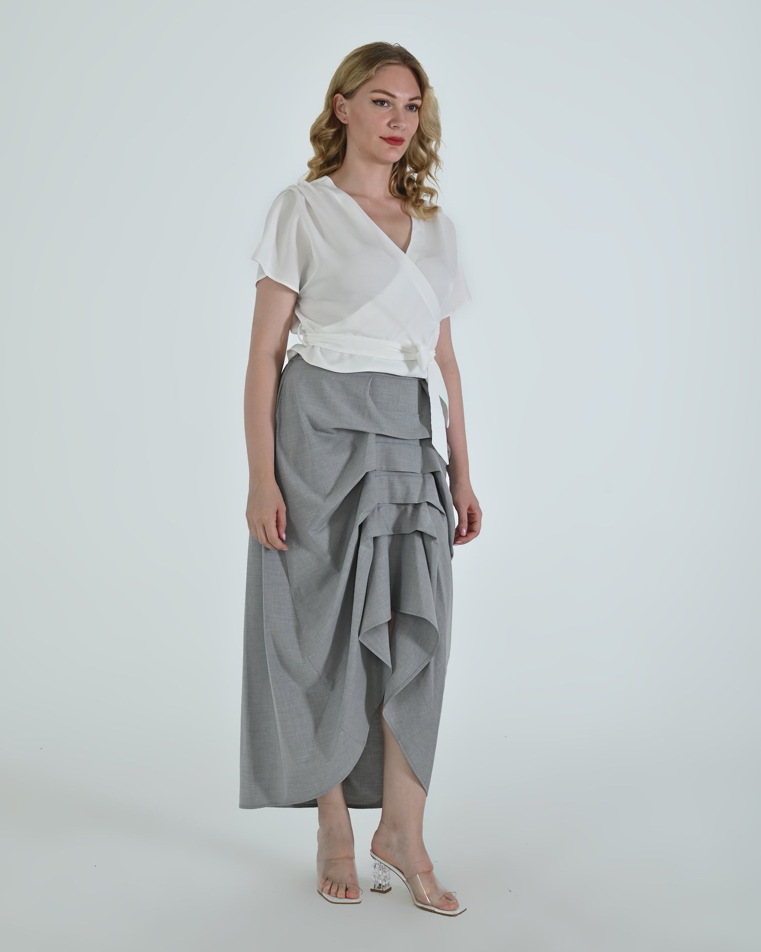 Vanguard Skirt by Lumina Eligma – luxury sculptural gray skirt in merino wool and viscose