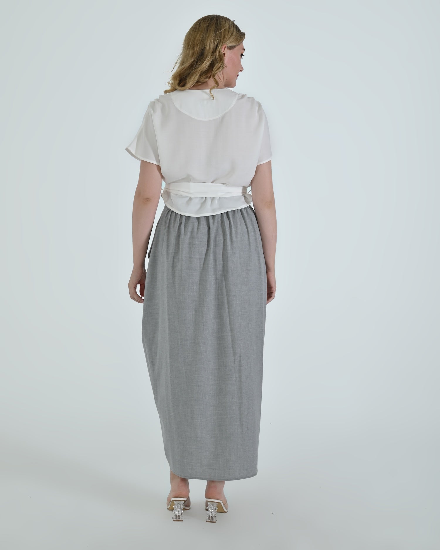 Vanguard Skirt by Lumina Eligma – luxury sculptural gray skirt in merino wool and viscose