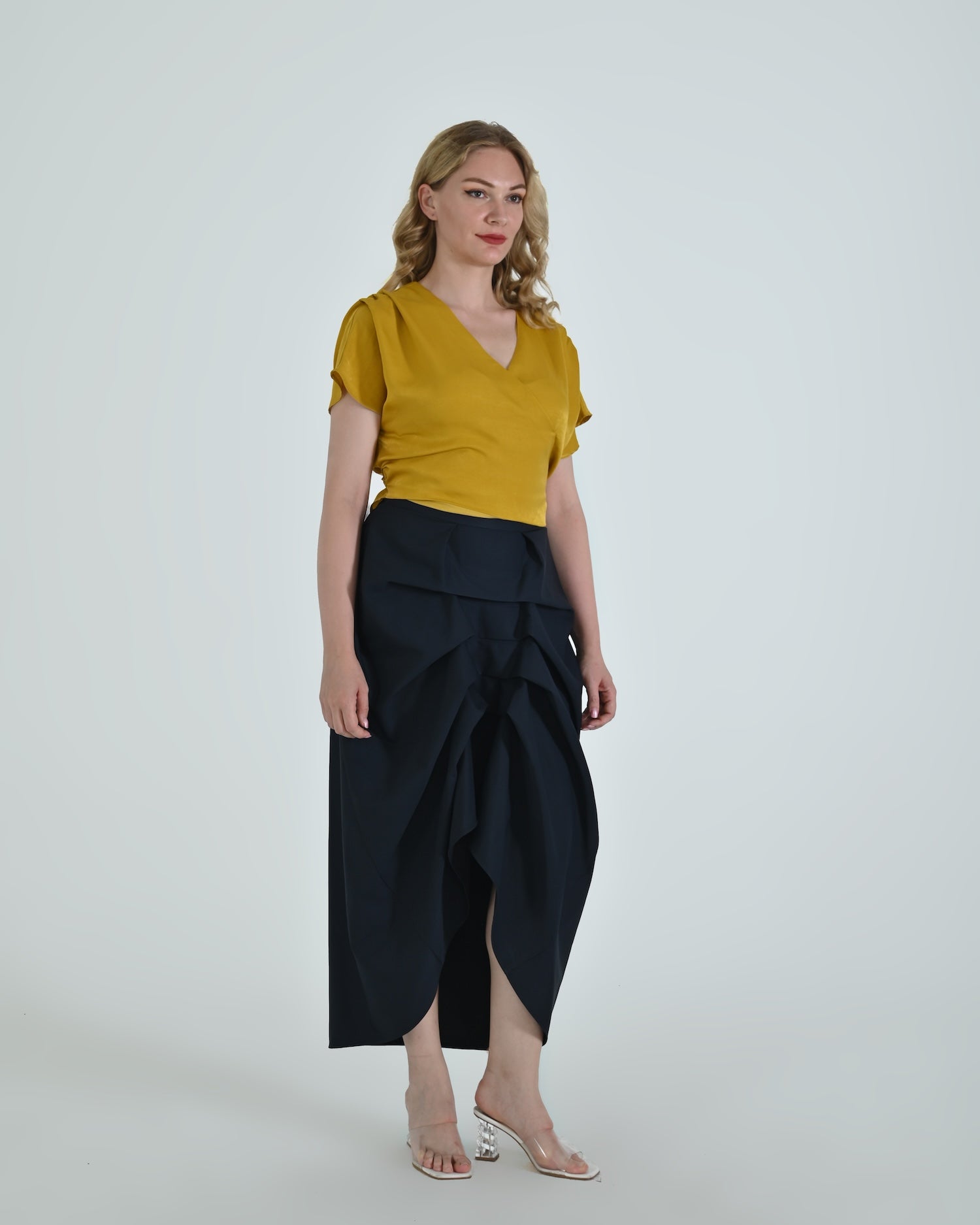 Vanguard Skirt by Lumina Eligma – luxury sculptural navy skirt in merino wool and viscose