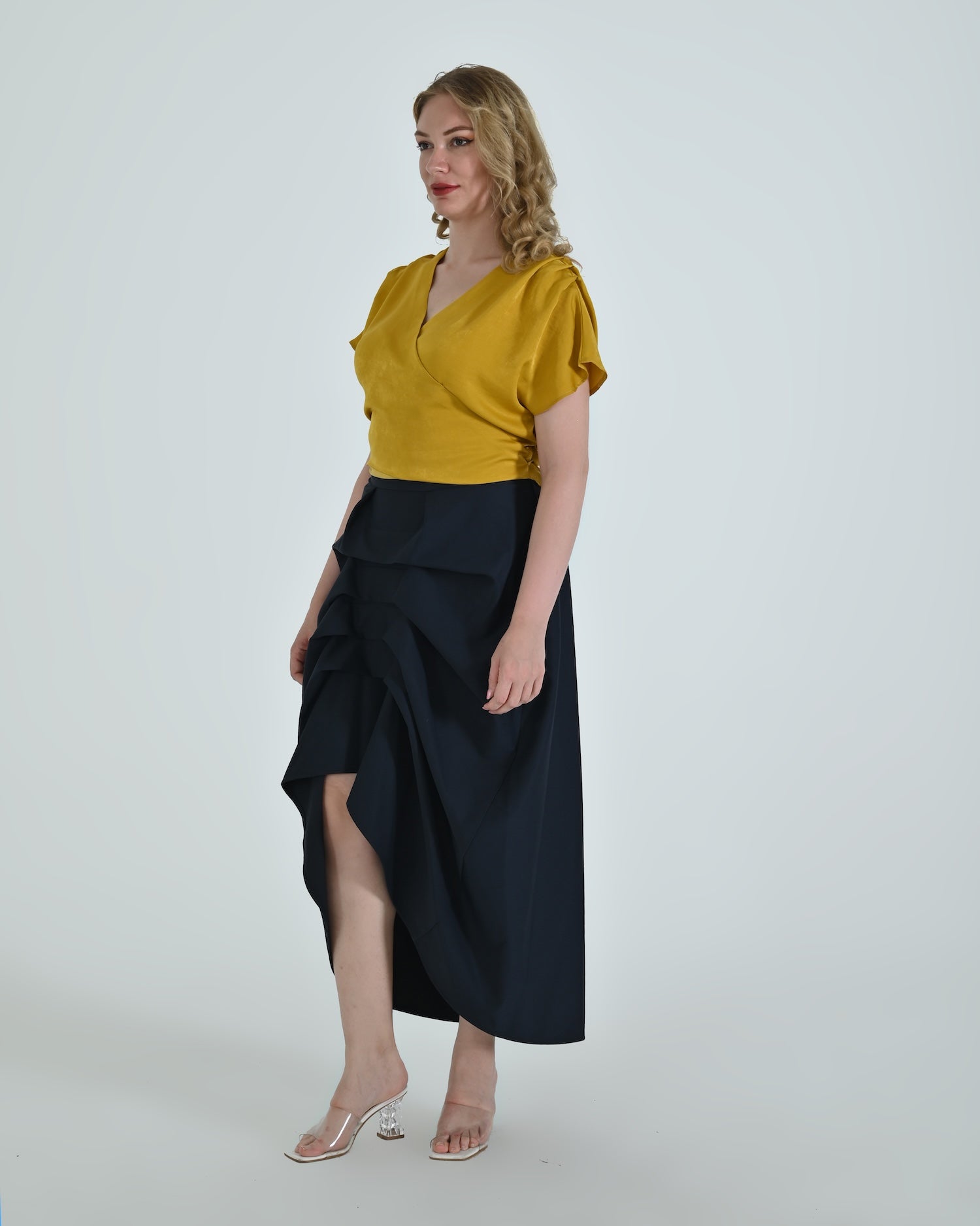 Vanguard Skirt by Lumina Eligma – luxury sculptural navy skirt in merino wool and viscose