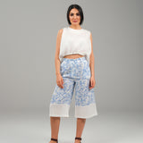 The Harmony Ensemble Tie Front Blouse & Culottes Pants - White & White Blue