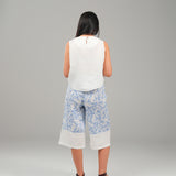 The Harmony Ensemble Tie Front Blouse & Culottes Pants - White & White Blue
