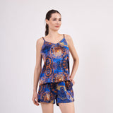 Pure Silk Pyjama Set Tank and Shorts - Mandala Pattern Sax Blue