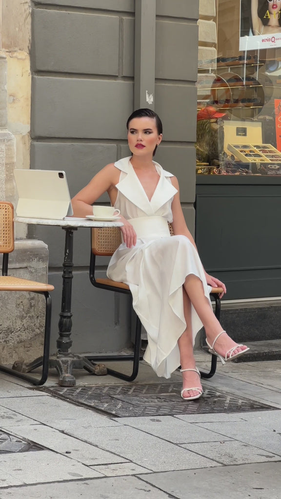 Tuxedo Dress by Lumina Eligma – luxury white tuxedo-inspired evening dress in silk and viscose