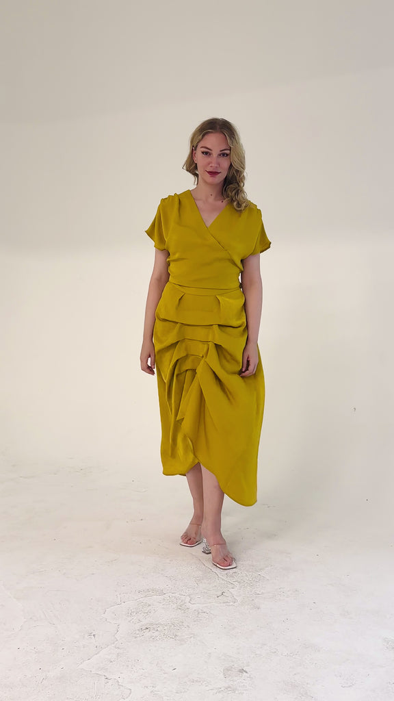 Vanguard Skirt in mustard by Lumina Eligma – luxury sculptural silk blend skirt