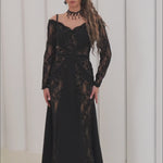 Shadow Lace Symphony Dress by Lumina Eligma – luxury French lace off-shoulder evening gown with sculpted silhouette
