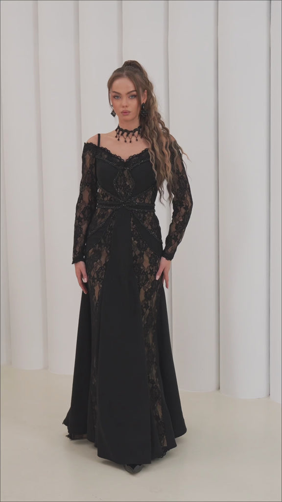 Shadow Lace Symphony Dress by Lumina Eligma – luxury French lace off-shoulder evening gown with sculpted silhouette