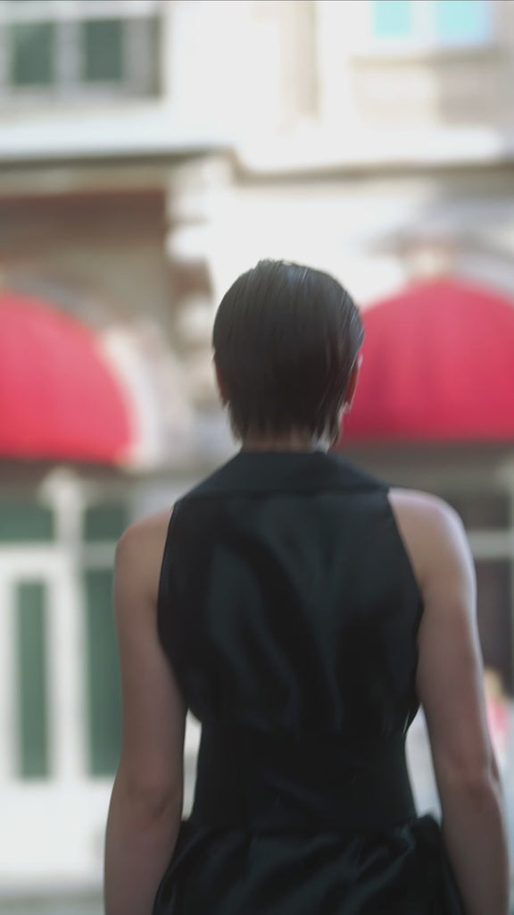 Tuxedo Dress by Lumina Eligma – luxury black tuxedo-inspired evening dress in merino wool and silk