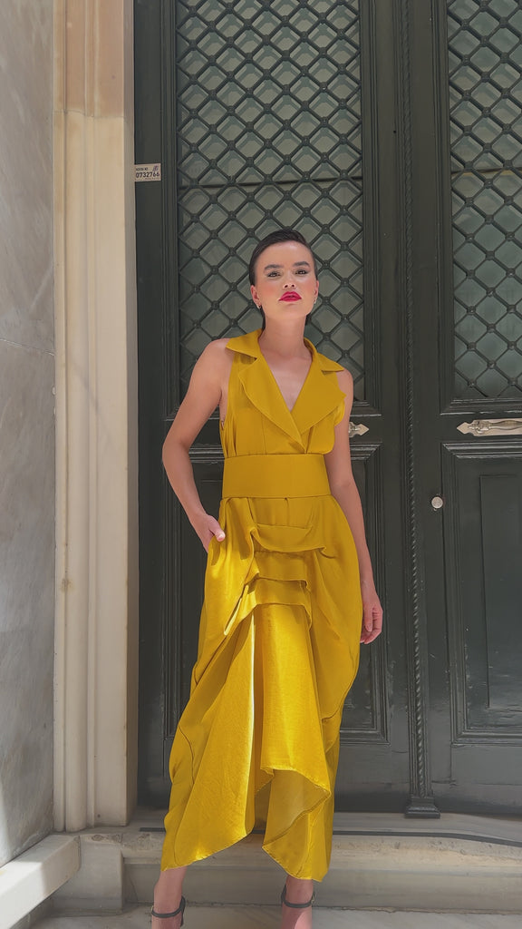 Tuxedo Dress by Lumina Eligma – luxury mustard tuxedo-inspired evening dress in silk and viscose