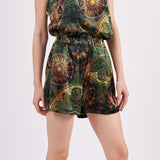 Pure Silk Pyjama Set Tank and Shorts - Mandala Pattern Forest Green