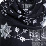 Border Lace & Embroidery Floral Sheer Shawl - Black & White