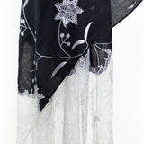 Border Lace & Embroidery Floral Sheer Shawl - Black & White