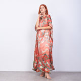 Long Mulberry Pure Silk Dress - Van Gohg Red Almond Blossom