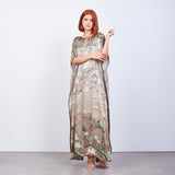 Long Mulberry Pure Silk Dress - Van Gohg Sepia Almond Blossom