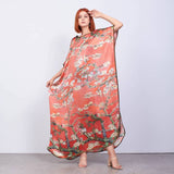 Long Mulberry Pure Silk Dress - Van Gohg Red Almond Blossom