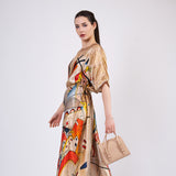 Long Mulberry Pure Silk Dress - Kandinsky Bustling Aquarelle