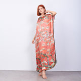Long Mulberry Pure Silk Dress - Van Gohg Red Almond Blossom